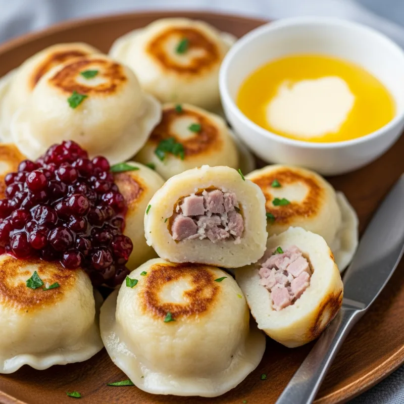 Traditional Swedish Kroppkakor with lingonberry jam and melted butter