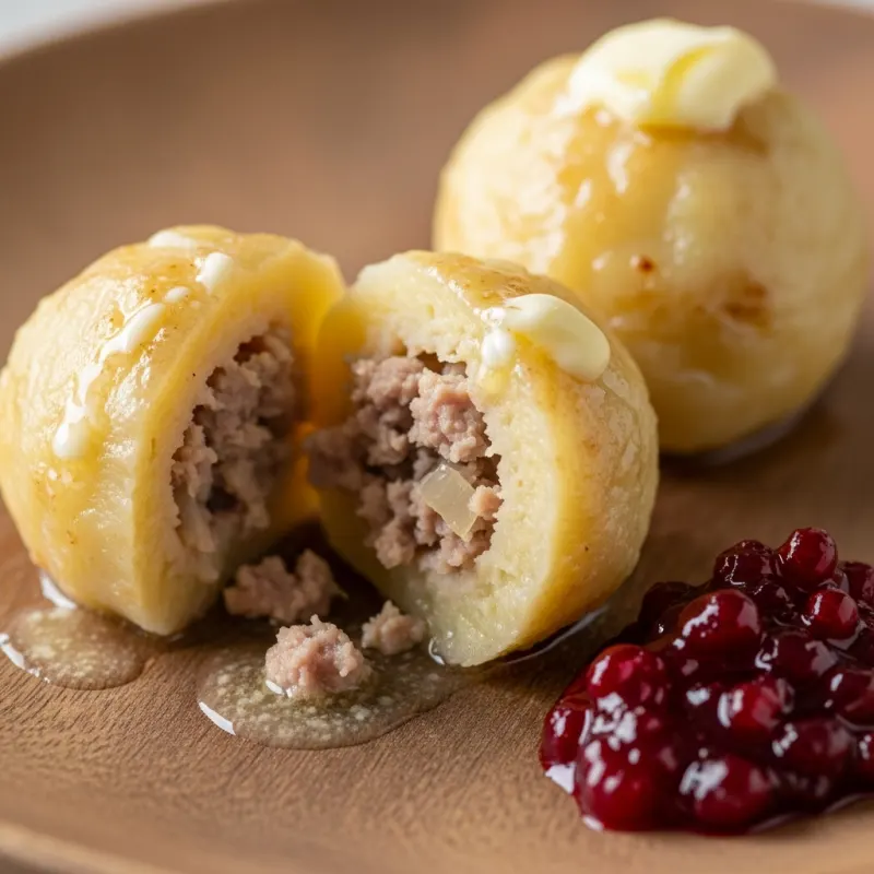 Traditional Oland Kroppkakor potato dumplings with lingonberry jam.