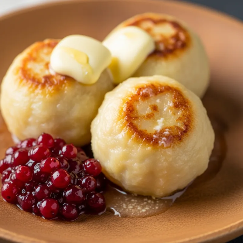 Traditional Swedish Kroppkakor with lingonberry jam and melted butter
