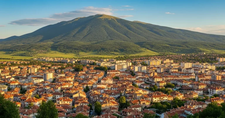 Kyustendil 5 Panoramic view of Kyustendil city with Osogovo Mountain in the background at sunset
