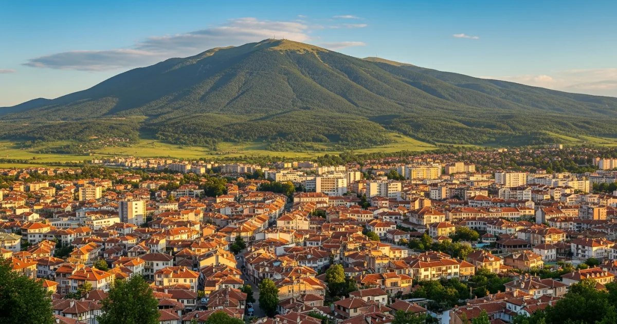 Panoramic view of Kyustendil city with Osogovo Mountain in the background at sunset