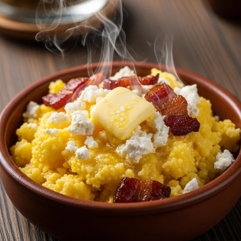 A bowl of Kyustendilska Kachamak with cheese and butter