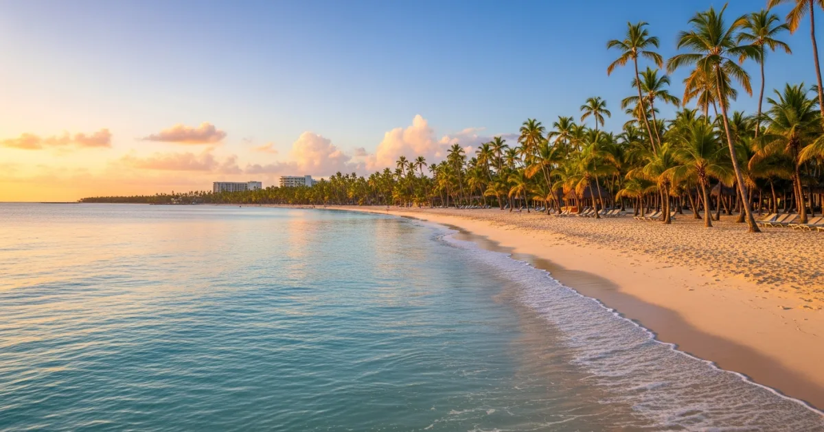 Panoramic view of a white-sand beach in Punta Cana, La Altagracia Province at sunrise.