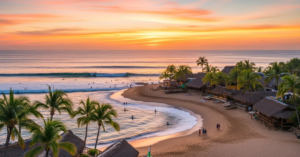 Sunset over La Punta beach in Puerto Escondido, Mexico, with surfers and palm trees