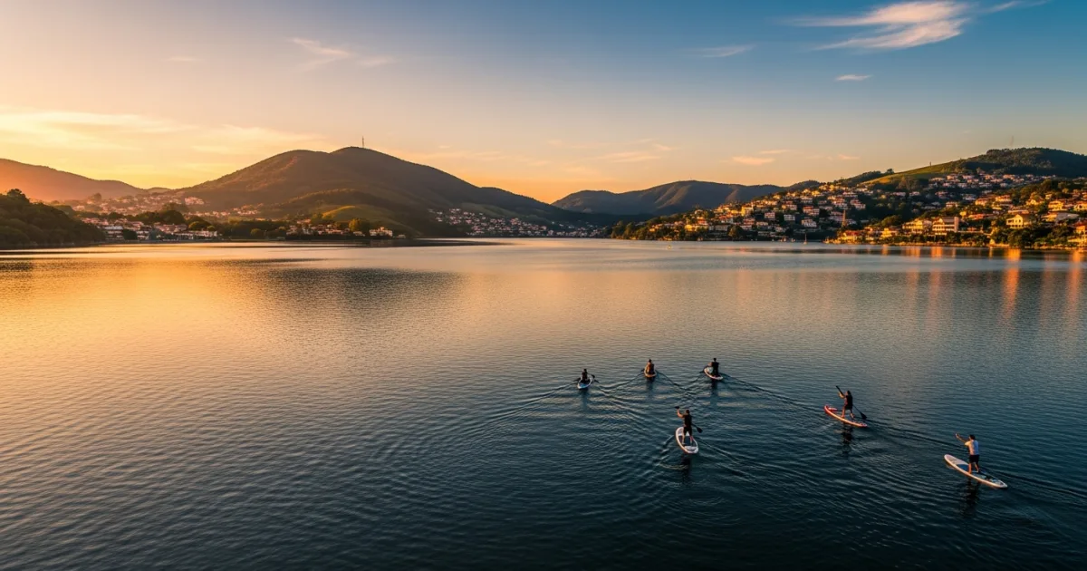 Panoramic view of Lagoa da Conceição at sunset with paddleboarders