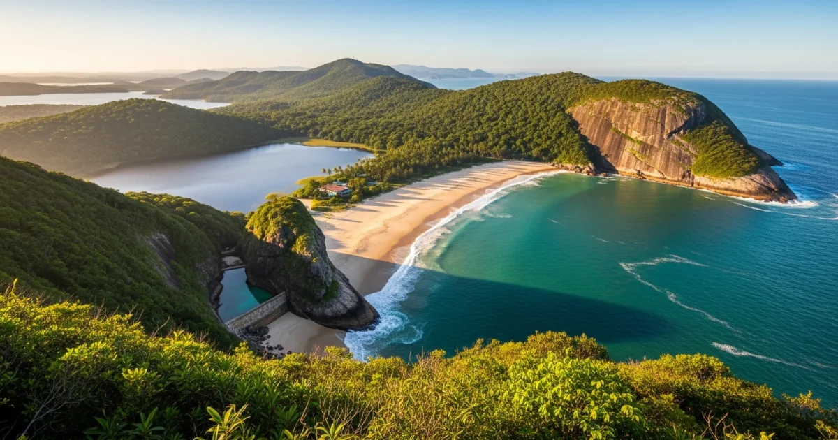 Panoramic view of Lagoinha do Leste beach from Morro da Coroa, showing the beach, lagoon, and cliffs at sunset.