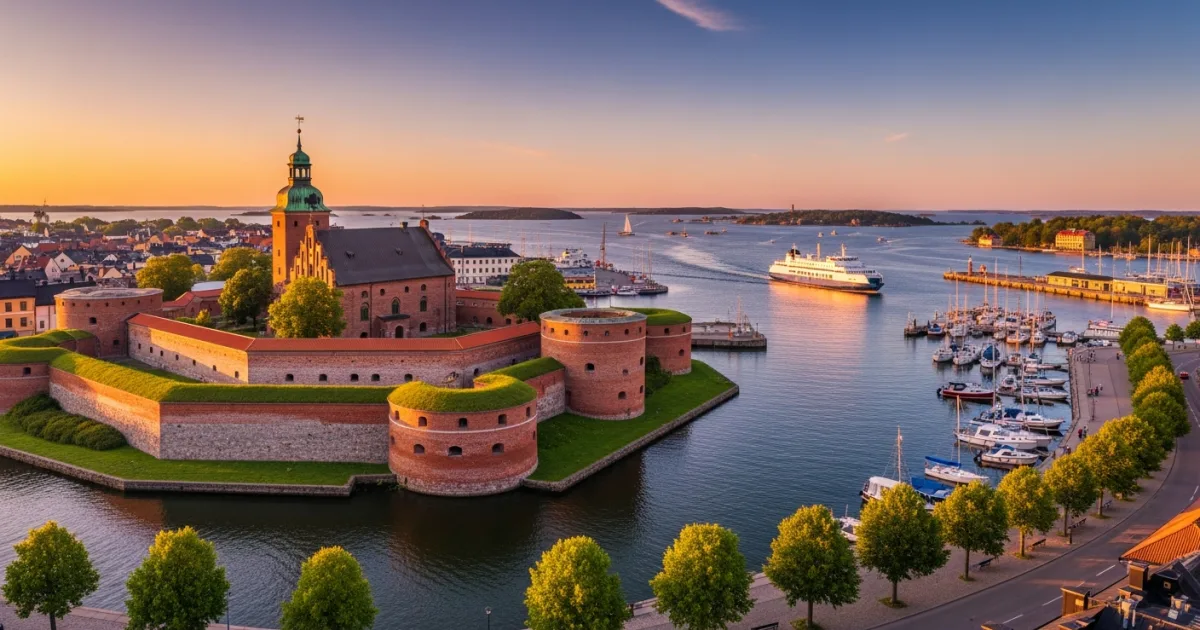 Panoramic view of Landskrona Citadel and harbor at sunset, with the island of Ven in the distance