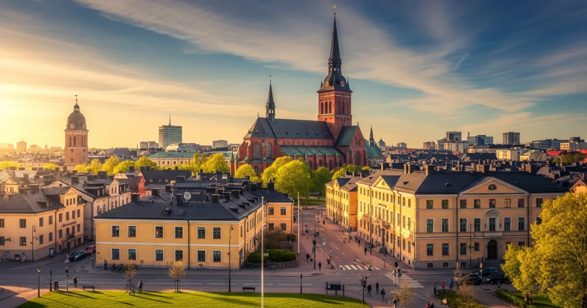 Linköping Cathedral and old town at sunset