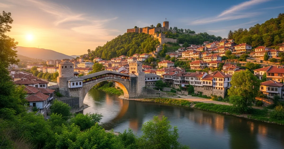 Panoramic view of Lovech, Bulgaria, with the Covered Bridge and Varosha Quarter at sunset