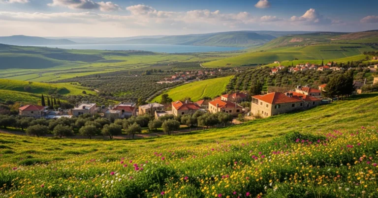Lower Galilee 17 Panoramic view of the Lower Galilee landscape with rolling hills, a village, and the Sea of Galilee in the distance.