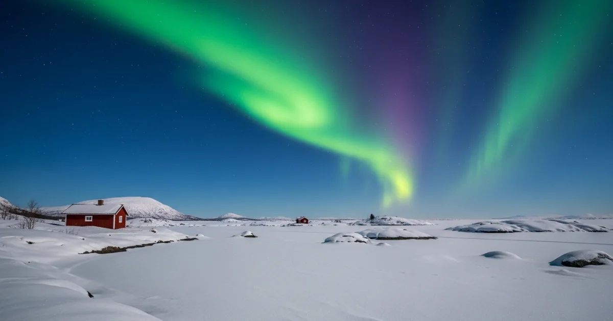 Northern Lights over the frozen Luleå archipelago with a red cottage