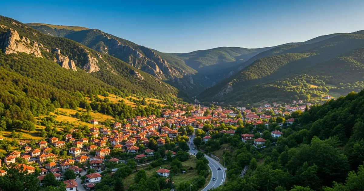 Panoramic view of Madan town in the Rhodope Mountains, Bulgaria.
