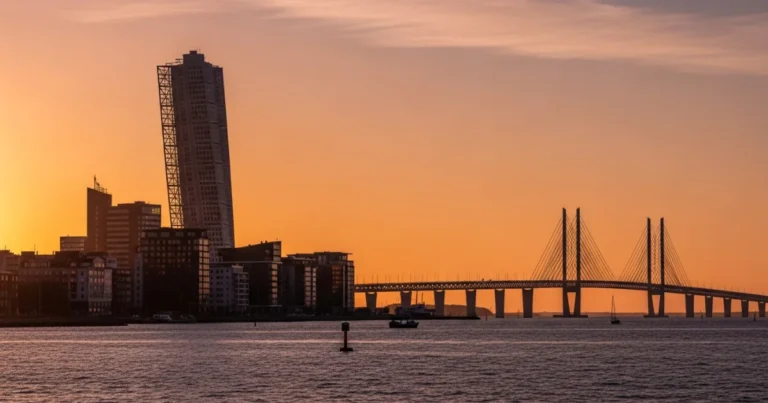 Malmo 1 Turning Torso skyscraper and Öresund Bridge in Malmo, Sweden