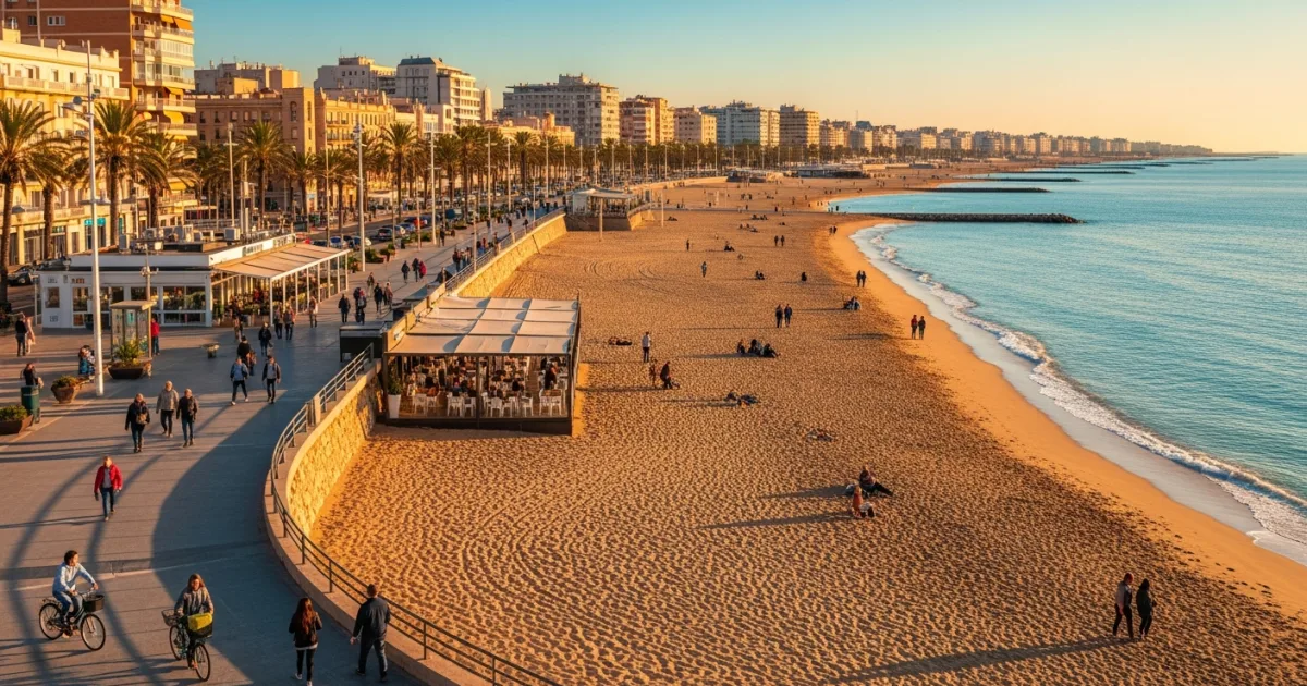 Panoramic view of Malvarrosa Beach in Valencia at sunset with people enjoying the promenade