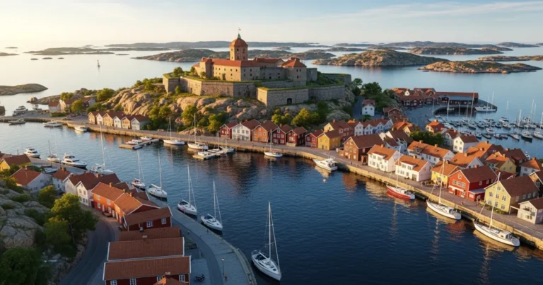 Marstrand 5 Aerial view of Marstrand Island with Carlsten Fortress and harbor at sunset
