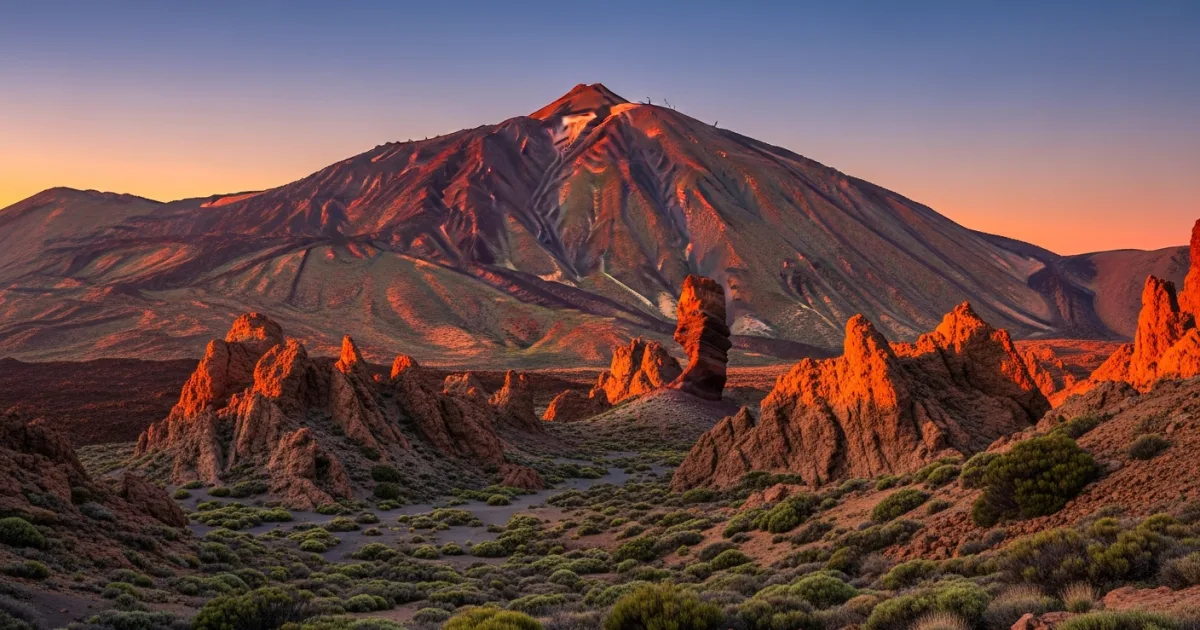 Panoramic view of Mount Teide National Park at sunset, with the volcano peak glowing and dramatic volcanic rock formations in the foreground.