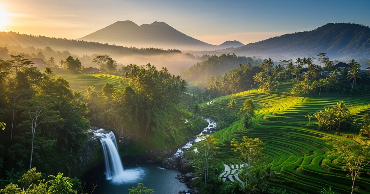 Panoramic view of Munduk village with rice terraces, waterfalls, and misty mountains at sunrise
