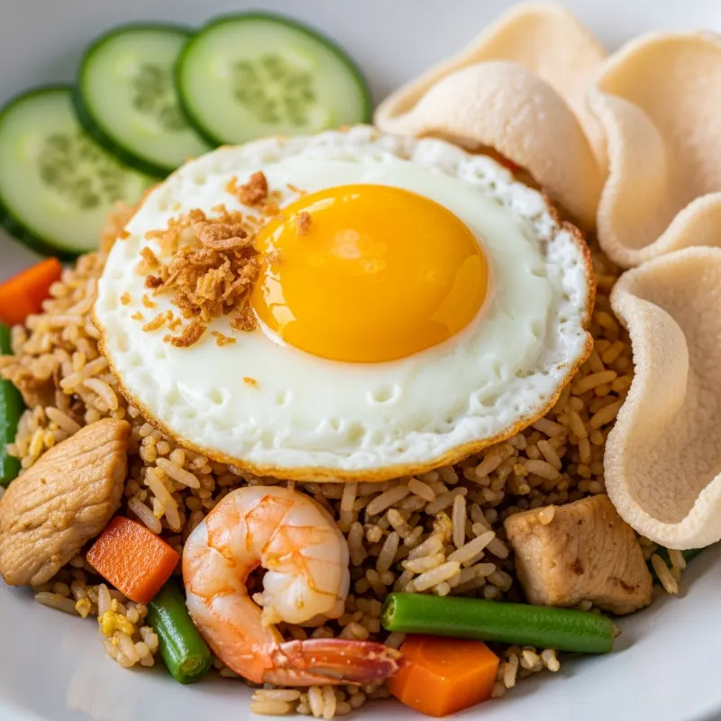 Authentic Indonesian Nasi Goreng with a fried egg and crackers