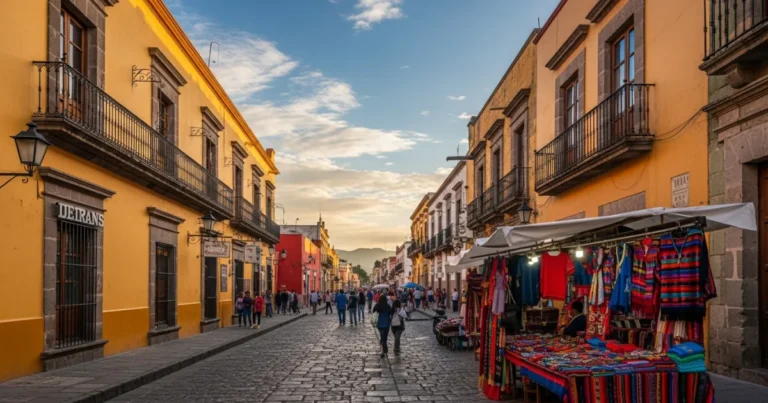 Oaxaca City 19 Vibrant historic center of Oaxaca City with colorful colonial buildings and bustling streets at sunset