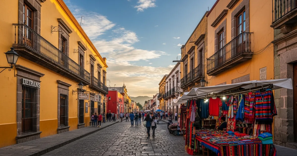 Vibrant historic center of Oaxaca City with colorful colonial buildings and bustling streets at sunset