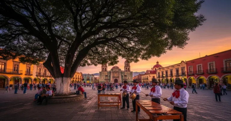 Oaxaca (State) 20 Vibrant sunset over Oaxaca City's zócalo with colonial architecture and lively atmosphere