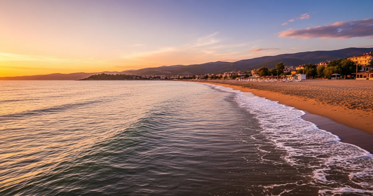 Panoramic view of Obzor beach at sunset with the town and mountains in the background.