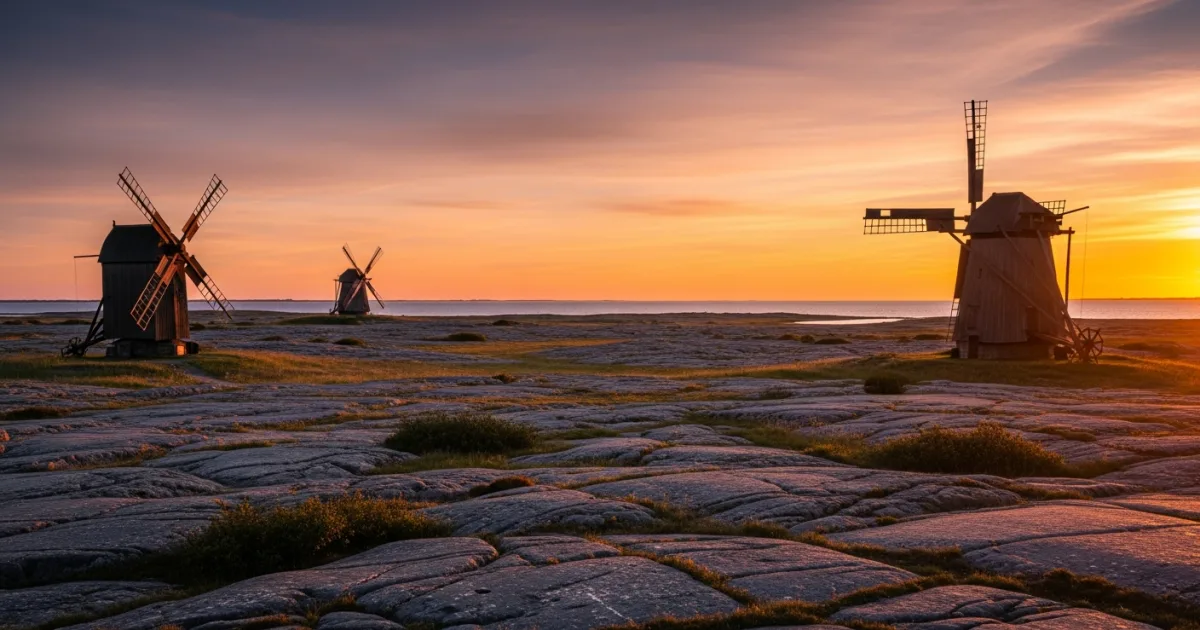 Panoramic view of Oland, Sweden, with traditional windmills and the Great Alvar at sunset.