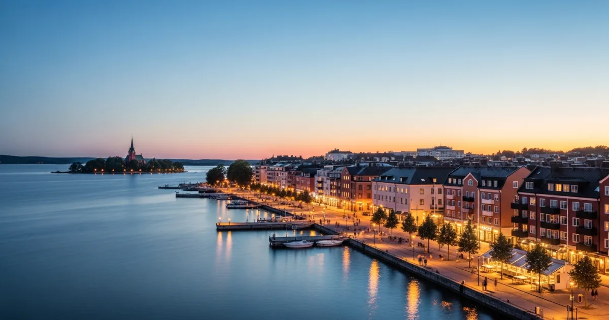 Panoramic view of Ostersund city and Lake Storsjön at sunset