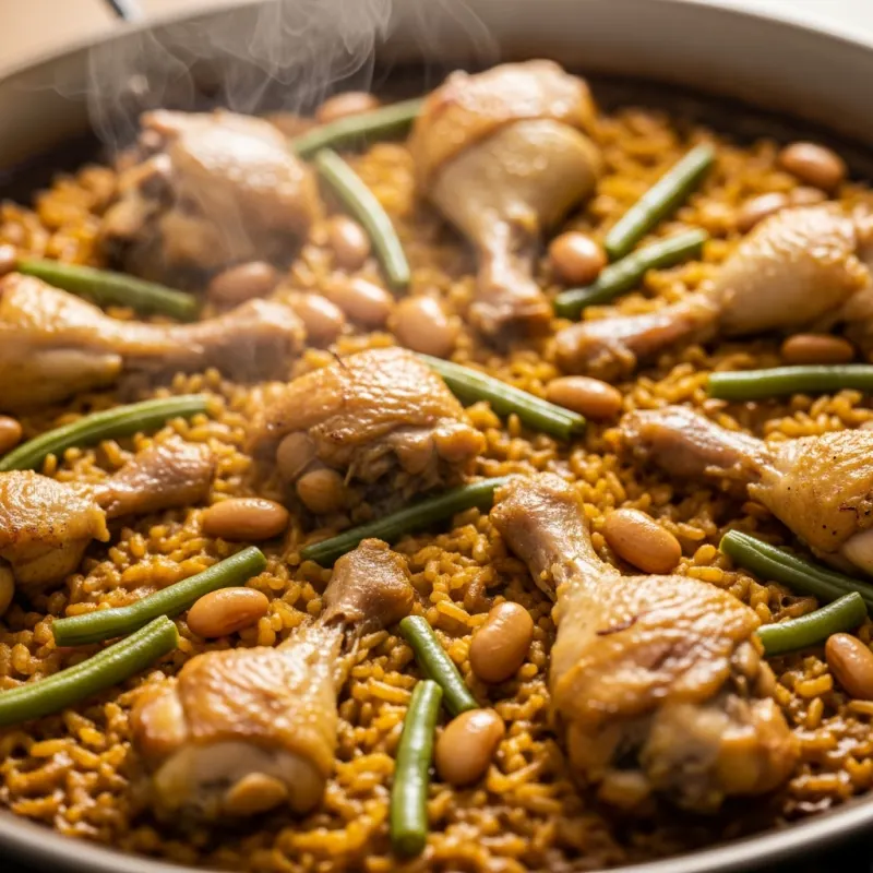 Traditional Paella Valenciana in a pan