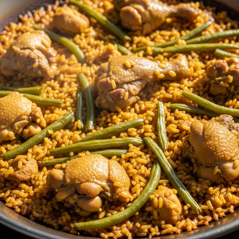 Authentic Paella Valenciana in a traditional pan