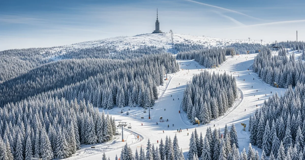 Panoramic view of Pamporovo ski resort with snow-covered slopes and Snezhanka Tower