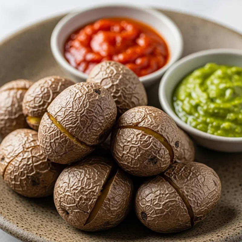 Papas Arrugadas con Mojo, traditional Canarian wrinkled potatoes with red and green mojo sauces.