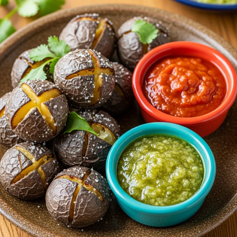 Papas Arrugadas con Mojo, a traditional Canarian dish of wrinkled potatoes with red and green mojo sauces.