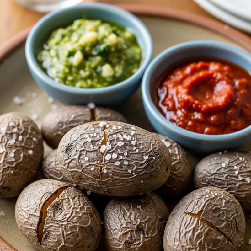 Papas Arrugadas con Mojo, a traditional Canarian dish of wrinkled potatoes with green and red mojo sauces.