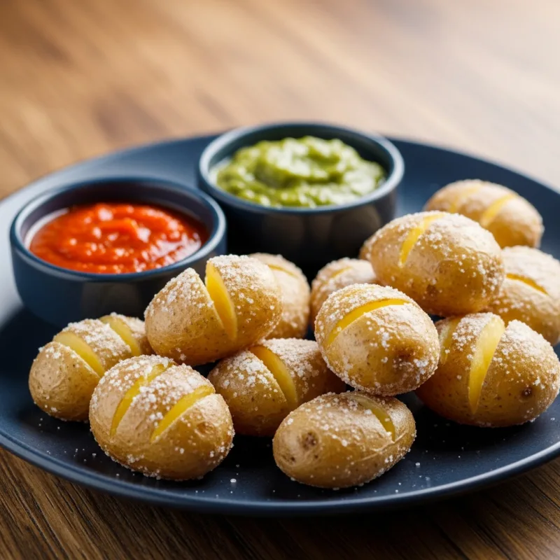 Papas Arrugadas con Mojo, traditional Canarian wrinkled potatoes with red and green mojo sauces.