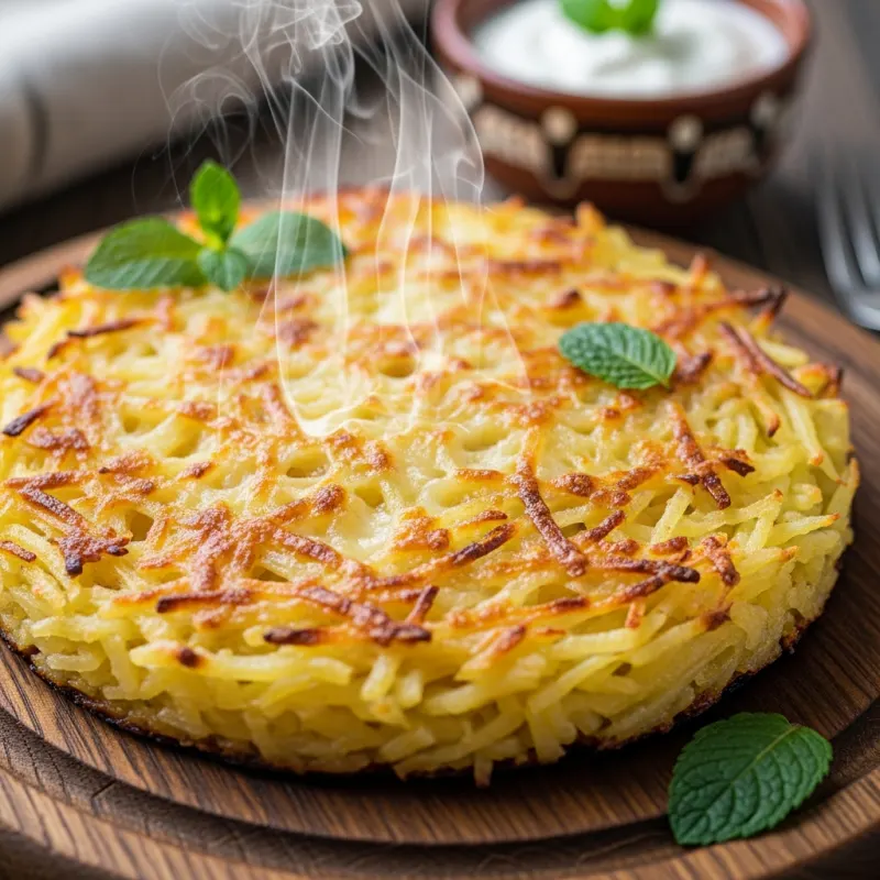 Traditional Bulgarian Patatnik, a baked potato and cheese dish