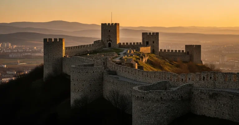 Pernik 4 Panoramic view of Krakra Fortress in Pernik, Bulgaria at sunset