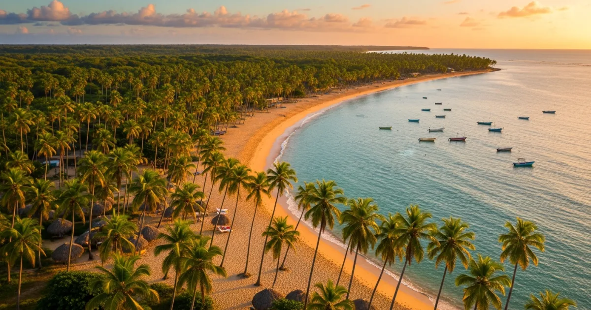 Panoramic view of Playa Cosón beach at sunset, with golden sand, palm trees, and turquoise water.