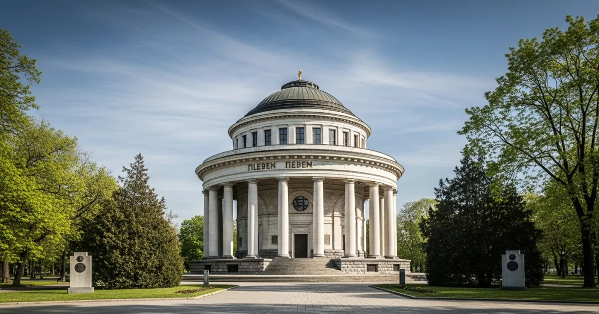 The Pleven Panorama monument, a large circular building with a dome, surrounded by green parkland under a blue sky.