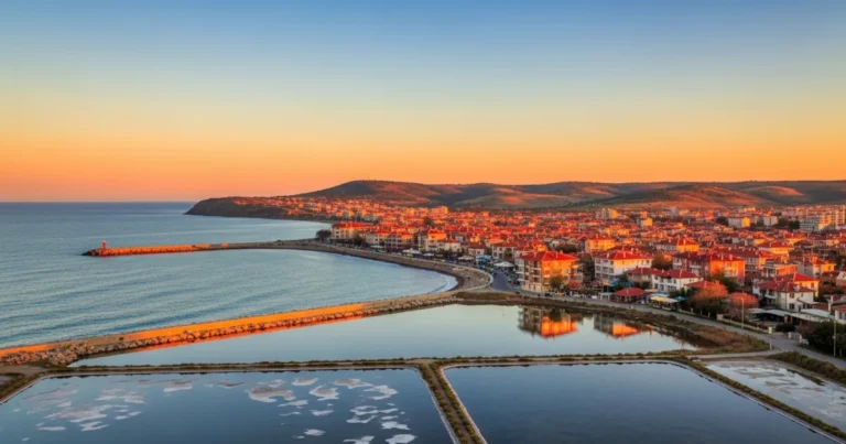 Pomorie 6 Panoramic view of Pomorie, Bulgaria, at sunset with the Black Sea and Salt Lake