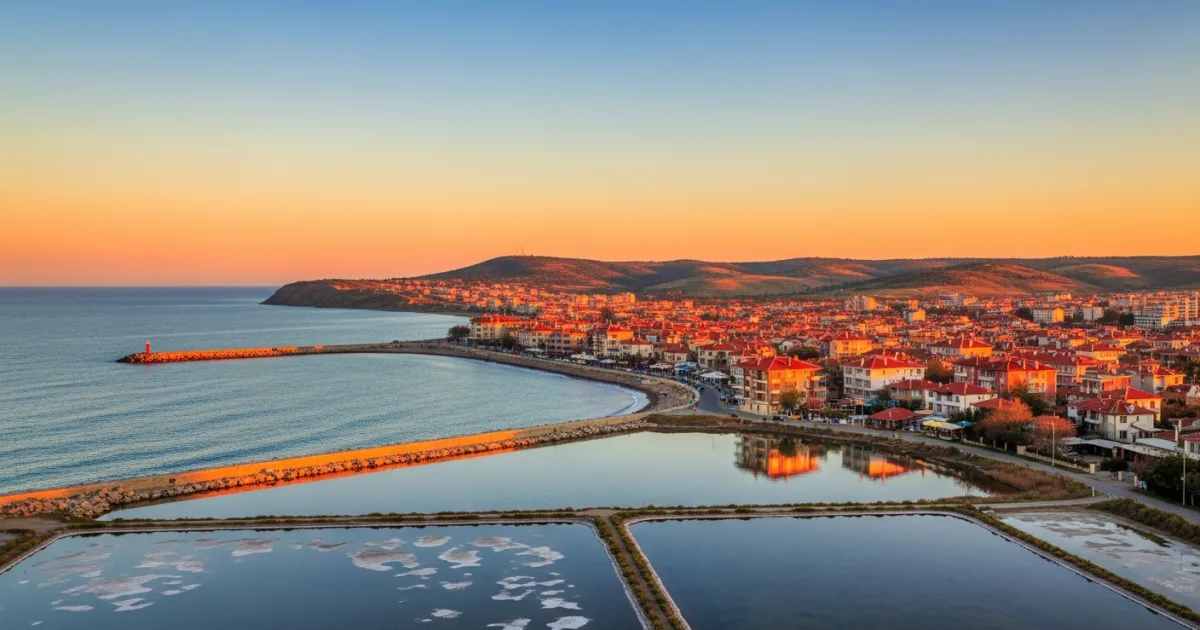 Panoramic view of Pomorie, Bulgaria, at sunset with the Black Sea and Salt Lake