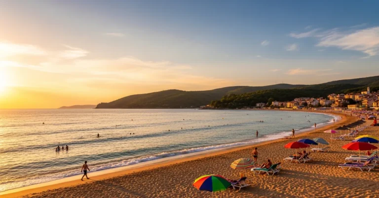 Primorsko 5 Panoramic view of Primorsko's South Beach at sunset, with golden sand and calm sea.