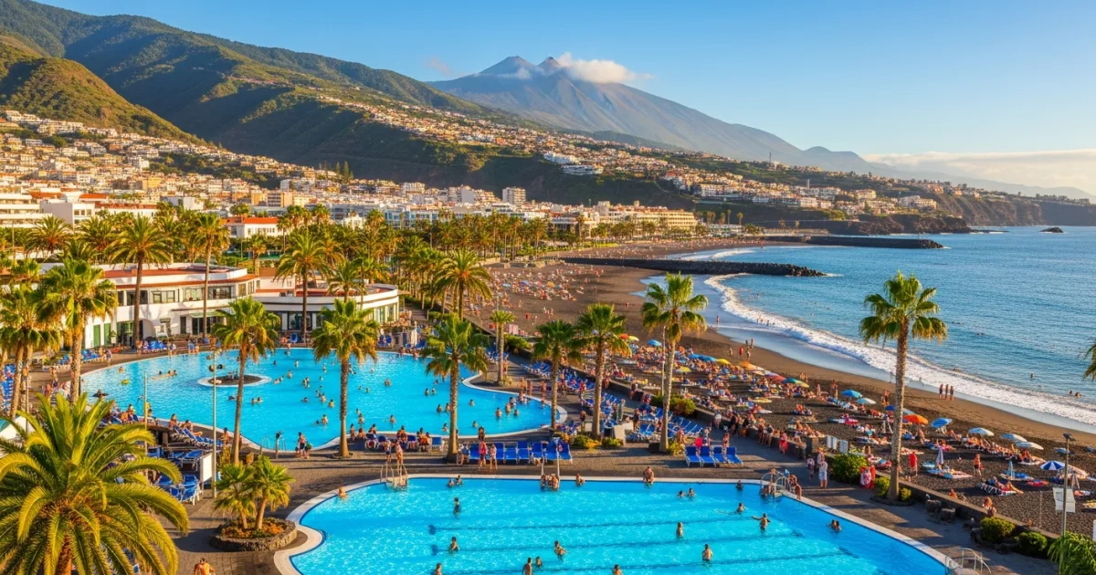 Panoramic view of Lago Martiánez and Playa Martiánez in Puerto de la Cruz, Tenerife, with Mount Teide in the background.