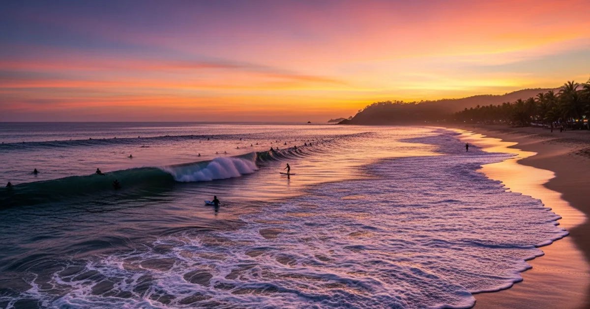 Sunset over Zicatela Beach in Puerto Escondido with surfers and crashing waves