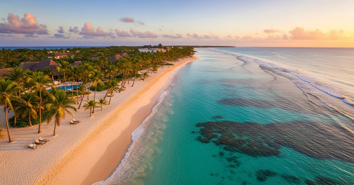 Panoramic view of a white-sand beach in Punta Cana with turquoise water and palm trees at sunrise.