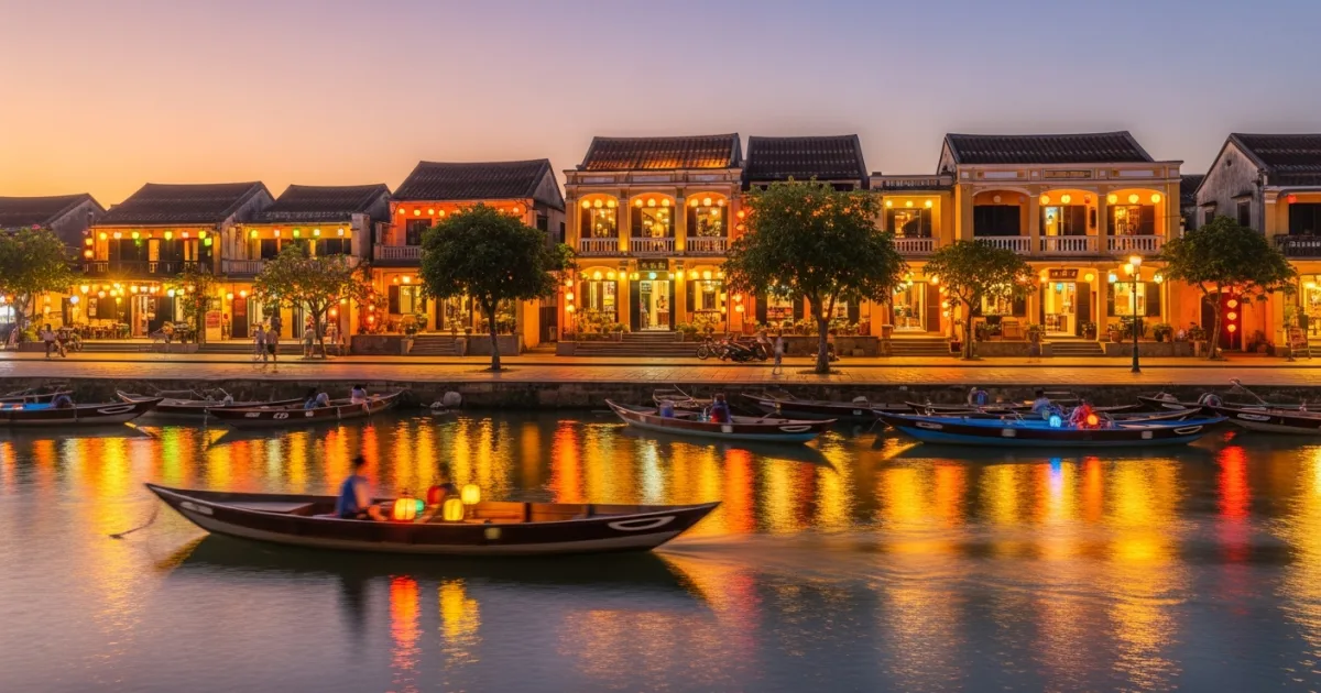 Hoi An Ancient Town at dusk with colorful lanterns reflecting on the Thu Bon River