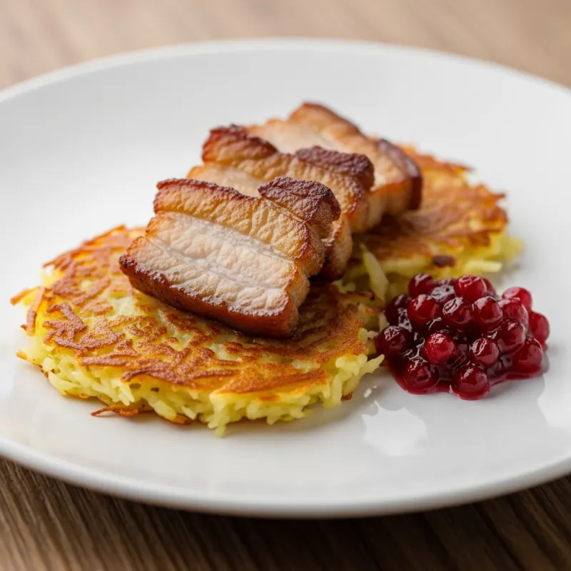 Raggmunk med fläsk, Swedish potato pancakes with fried pork and lingonberry jam