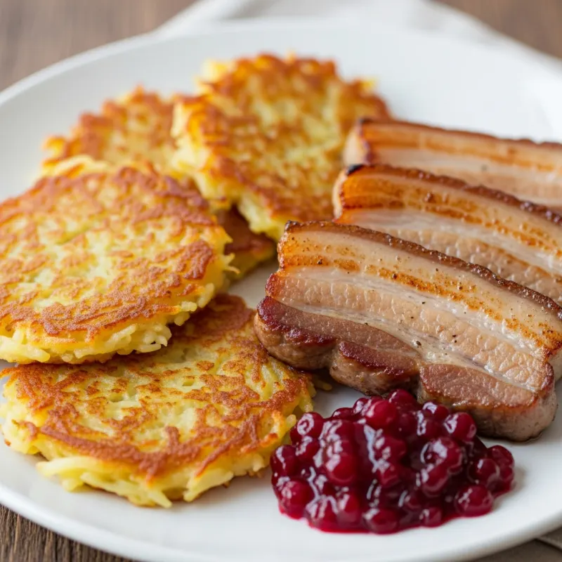 Traditional Swedish potato pancakes with fried pork and lingonberry jam