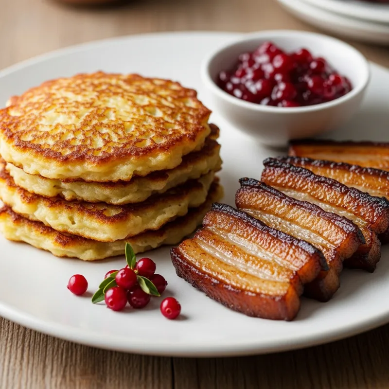 Raggmunk with fried pork and lingonberry jam