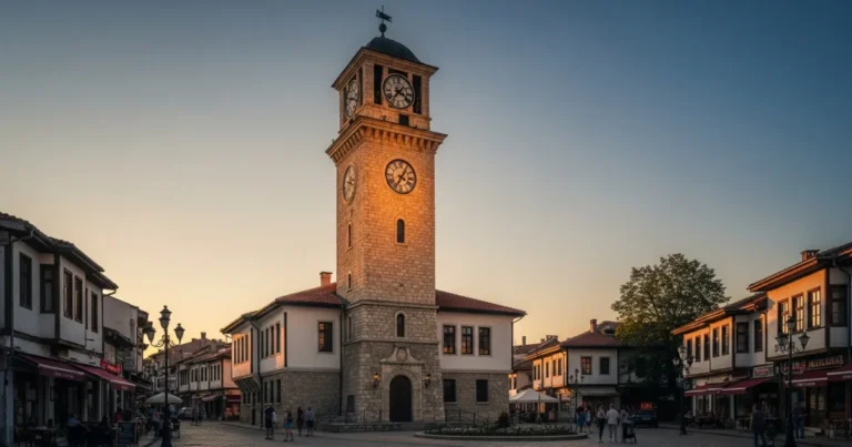 Razgrad 1 Razgrad Clock Tower at golden hour with town square